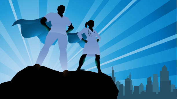 Vector Superhero Doctor Team Silhouette Stock Illustration A silhouette style vector illustration of a team of doctors depicted as superheroes standing on a rock with city skyline in the background. Wide space availabke for your copy. heroes stock illustrations