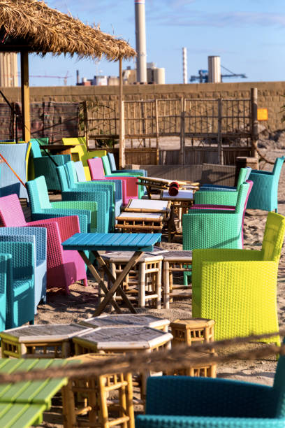 Beach cafe by the sea without people. Empty Outdoor cafe