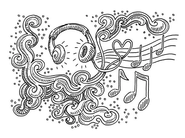 Vector illustration of Listening Music Headphones Abstract Swirl Pattern Drawing