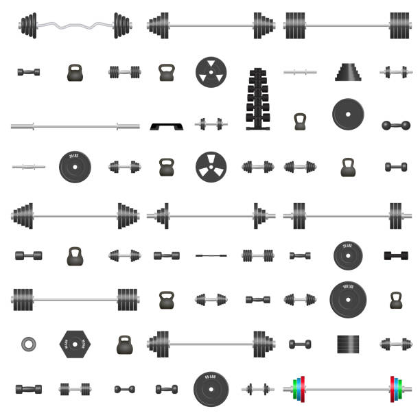 Set of 3D sports equipment items, vector illustration. Big set of 3D sports equipment items. Elements design for gym and fitness room. Front view, vector illustration. barbel stock illustrations