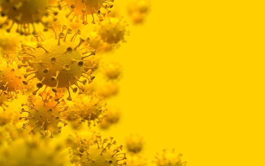 2019-nCoV Chinese Respiratory Coronavirus. Microscopic view of the viral cell Covid-19 on a yellow background. Monochrome illustration. Creative concept. 3D render