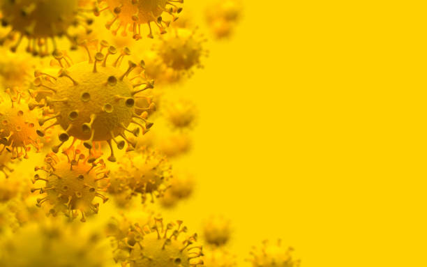 2019-ncov 中國呼吸冠狀病毒。黃色背景上病毒細胞covid-19的微觀視圖。單色插圖。創意理念。3d 渲染。 - 緊急狀態 圖片 個照片及圖片檔