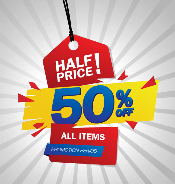 half price sale tag. half price sale tag vector. halved stock illustrations