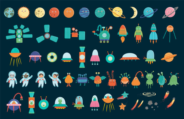 ilustraciones, imágenes clip art, dibujos animados e iconos de stock de gran conjunto vectorial de elementos espaciales para niños. colección de naves espaciales de estilo plano, satélite, naves espaciales, planetas, astronautas, estrellas, ufo, extraterrestres, cometaaislado sobre fondo blanco. - equipment group of objects space moon