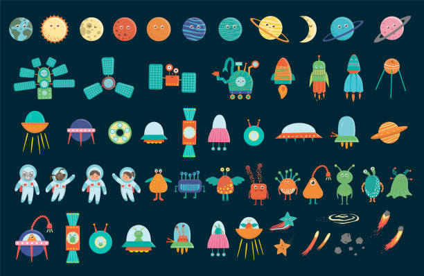 Big vector set of space elements for children. Collection of flat style spaceship, satellite, spacecraft, planets, astronauts, star, ufo, aliens, comet isolated on white background. Big vector set of space elements for children. Collection of flat style spaceship, satellite, spacecraft, planets, astronauts, star, ufo, aliens, comet isolated on white background. astronaut clipart stock illustrations