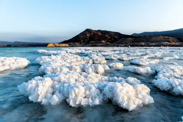 Africa, Djibouti, Lake Assal. Salt crystals emerging from the water with mountains in the background