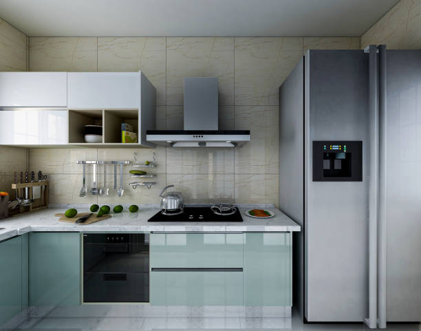 istock 3D rendering,Modern family kitchen design, new cabinets and kitchenware with refrigerators, sunlight from the window. 1214020162