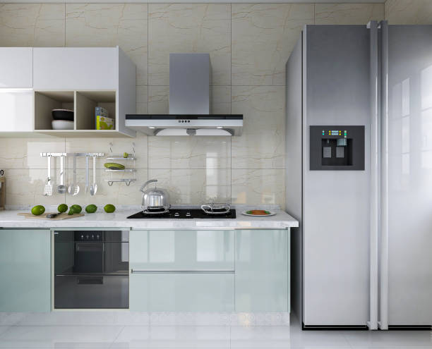 istock 3D rendering,Modern family kitchen design, new cabinets and kitchenware with refrigerators, sunlight from the window. 1214020165