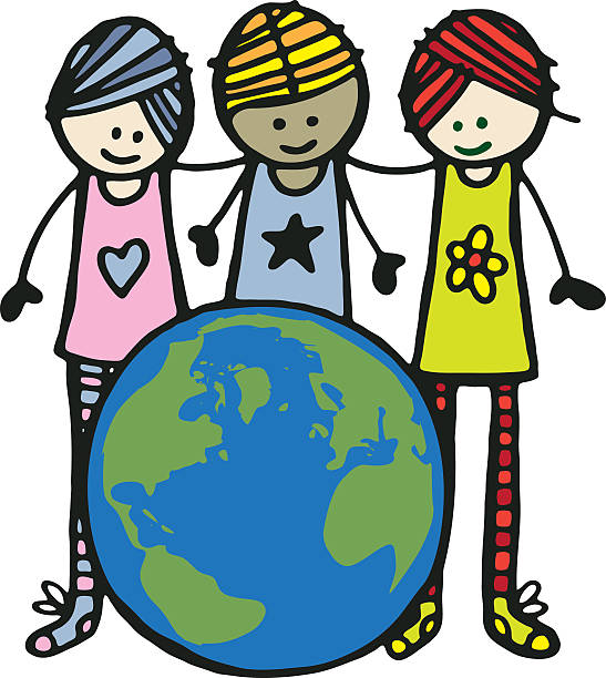 ilustrações de stock, clip art, desenhos animados e ícones de amigos com o planeta terra - three people women teenage girls friendship