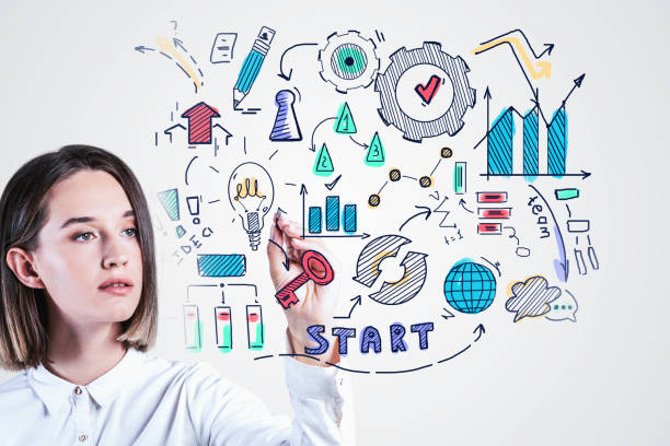 istock Young woman drawing business strategy sketch 1214020920