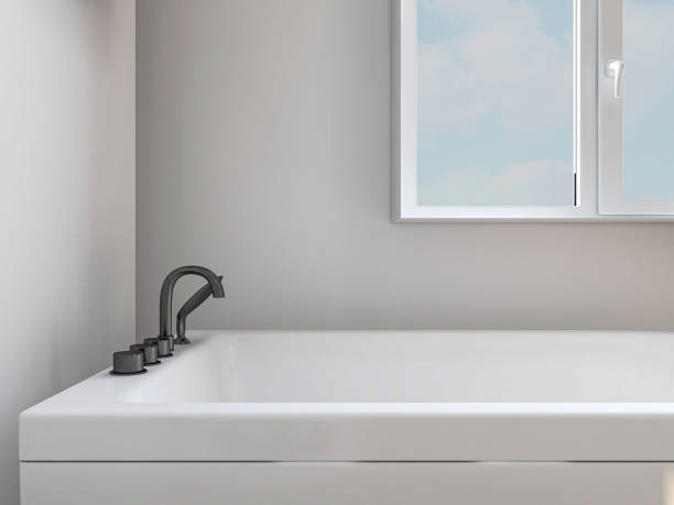 istock 3D rendering, modern residential clean bathroom design, with washbasins, mirrors, toilets, shower equipment and bathtubs 1214021508