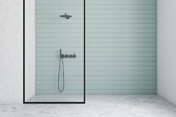 istock Blue and white bathroom interior with shower 1214021545