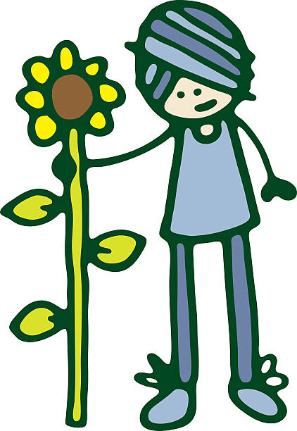 ilustraciones, imágenes clip art, dibujos animados e iconos de stock de chica con girasol - sunflower tall single flower flower