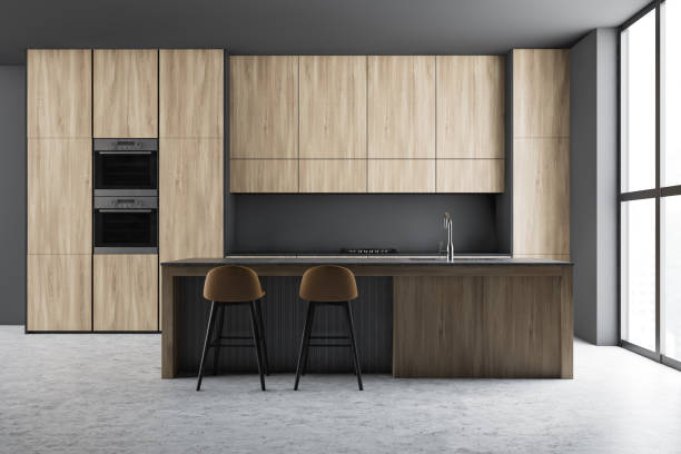 istock Gray kitchen interior with wooden bar 1214023914