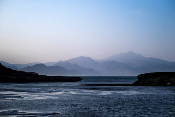Africa, Djibouti, Lake Assal. Seascape view of lake Assal with mountains in the background.