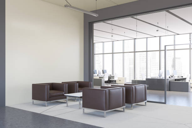 istock White office lounge area corner with armchairs 1214023993