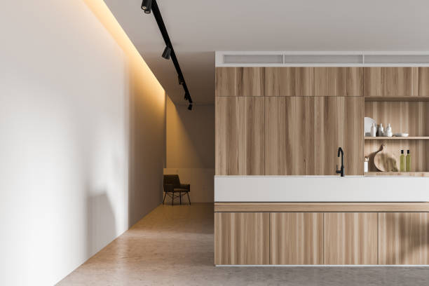 istock Light wooden kitchen interior with armchair 1214024012