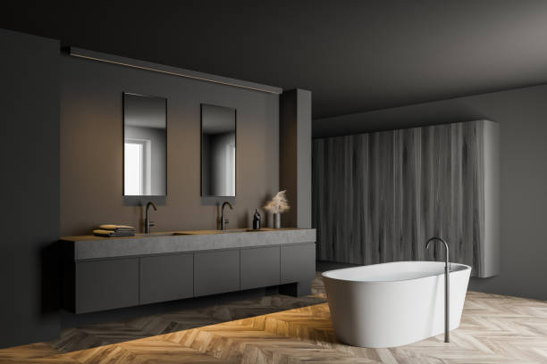 istock Gray and wooden bathroom corner with cabinet 1214024586