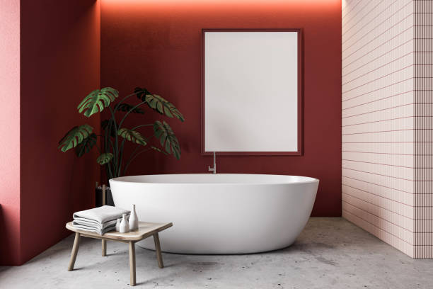 istock Red and pink bathroom with tub and poster 1214024685