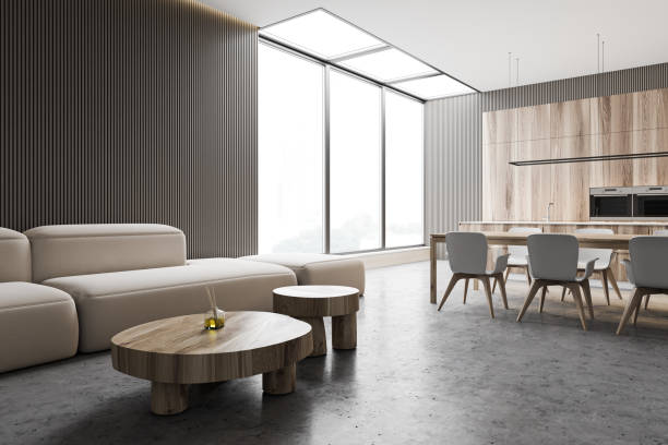 istock Gray living room and kitchen interior 1214024936