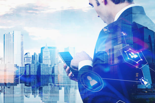 istock Man with smartphone in city, social network 1214024996