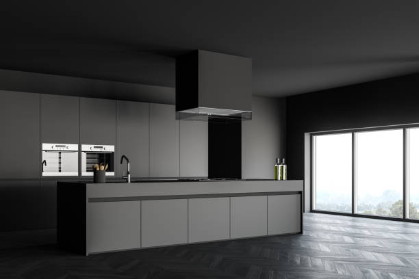 istock Gray kitchen corner with island and window 1214026249
