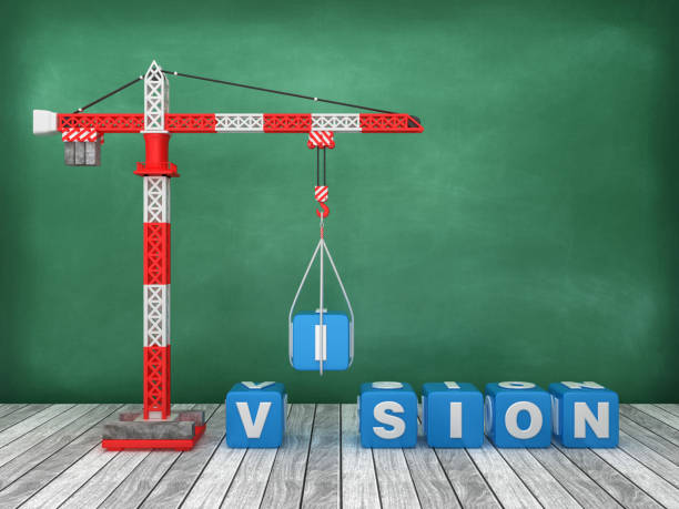 istock Tower Crane with VISION Word on Chalkboard Background - 3D Rendering 1214026852
