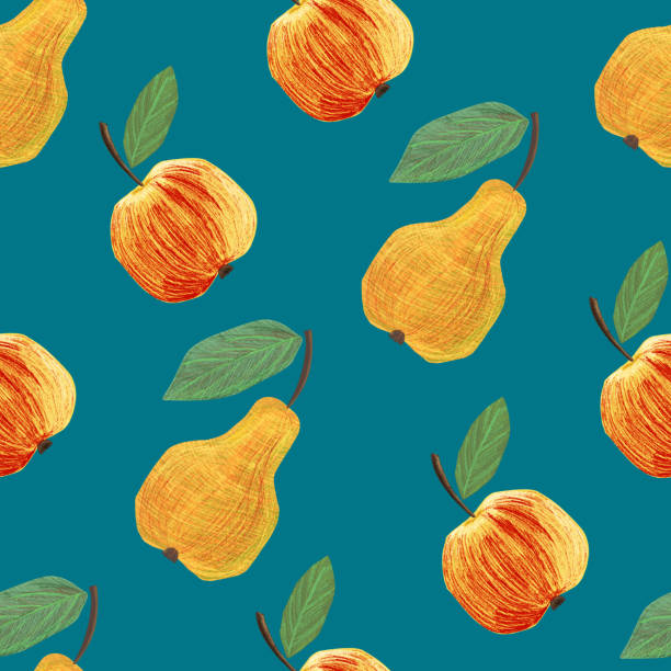 Seamless pattern with pears and apple Seamless pattern with pears and apple on a blue-green background. green apple on green background stock illustrations