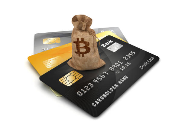 istock Credit Cards with Bitcoin Money Sack - 3D Rendering 1214027756