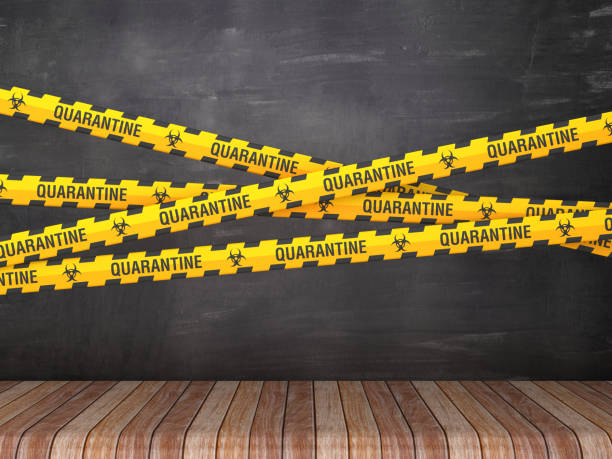 istock Cordon Tape with QUARANTINE on Chalkboard Background - 3D Rendering 1214028050