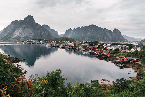 Scenic view of fishing village with red houses in Lofoten Islands, Norway