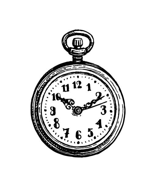 ilustrações, clipart, desenhos animados e ícones de esboço de tinta do relógio de bolso. - pocket watch watch clock pocket