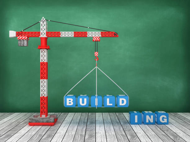 istock Tower Crane with BUILDING Word on Chalkboard Background - 3D Rendering 1214029156