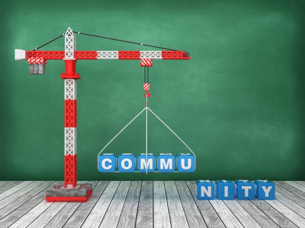 istock Tower Crane with COMMUNITY Word on Chalkboard Background - 3D Rendering 1214029183