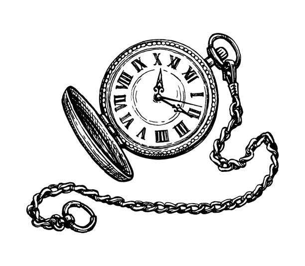 ilustraciones, imágenes clip art, dibujos animados e iconos de stock de dibujo de tinta del reloj de bolsillo. - reloj antiguo