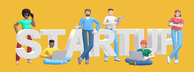 Group of young multiethnic successful people with laptop, tablet, phone and word startup on yellow background. Horizontal banner cartoon character and text website slogan. 3D rendering.