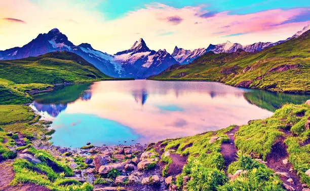 Fantastic landscape at sunrise over the lake in the Swiss Alps, Europe. Wetterhorn, Schreckhorn, Finsteraarhorn et Bachsee. ( relaxation, harmony, anti-stress - concept).