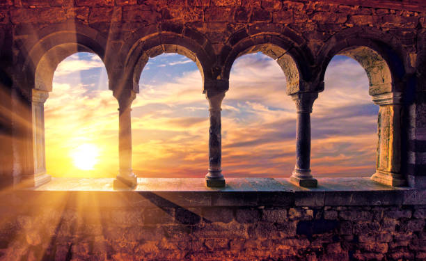 istock Abstract scenic scenic landscape with sunset with sunlight through medieval arches. Porto Venere, Italy. Charming places. 1214030973