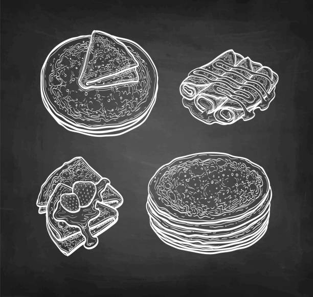 illustrations, cliparts, dessins animés et icônes de croquis de craie des crêpes - pancake blini russian cuisine french cuisine