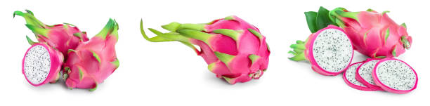 Ripe Dragon fruit, Pitaya or Pitahaya isolated on white background, fruit healthy concept. Set or collection