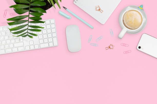 istock Flat layout of woman workplace 1214035116