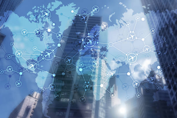 istock Airplane icons on modern city background. Flight schemes. 1214036253