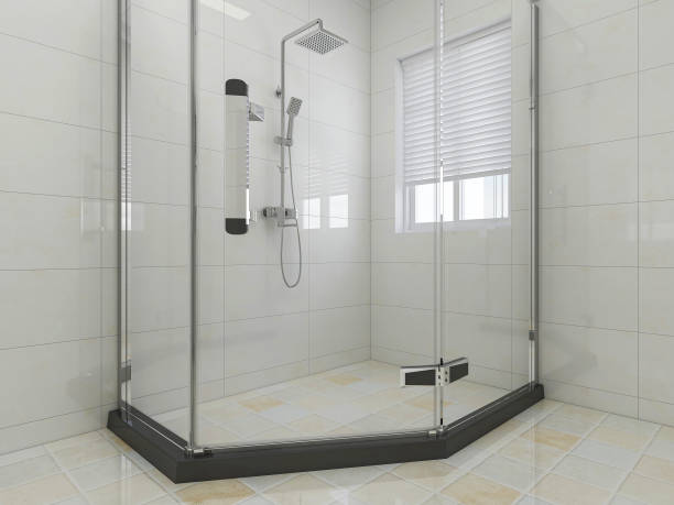 istock 3D rendering,Clean modern residential bathroom and toilet design, which is equipped with washstand, toilet and shower equipment, etc. 1214039582