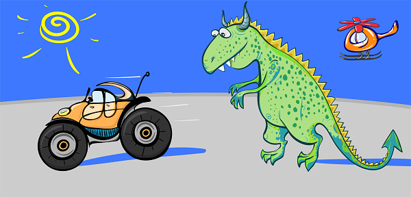 A fairytale dinosaur is chasing a toy car on the road against a blue sky