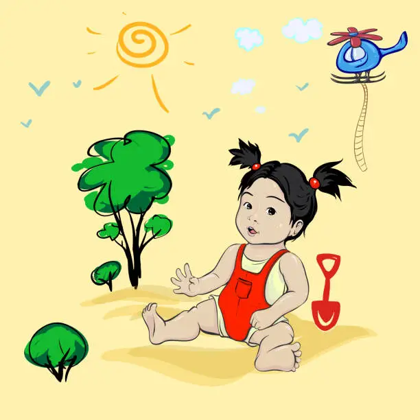 Vector illustration of Fairytale, stylized landscape with a child sitting on the sand, toys and a flying fairytale helicopter