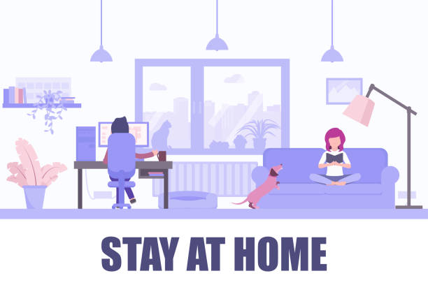Stay home vector illustration.Young girl reading book on the couch, young man working on computer. Coronavirus outbreak. Stay at home flat vector illustration. Young girl reading book on the couch, young man working on computer. Coronavirus outbreak social media campaign, self isolation. spreading illustrations stock illustrations