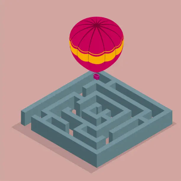 Vector illustration of Hot air balloon above the maze.