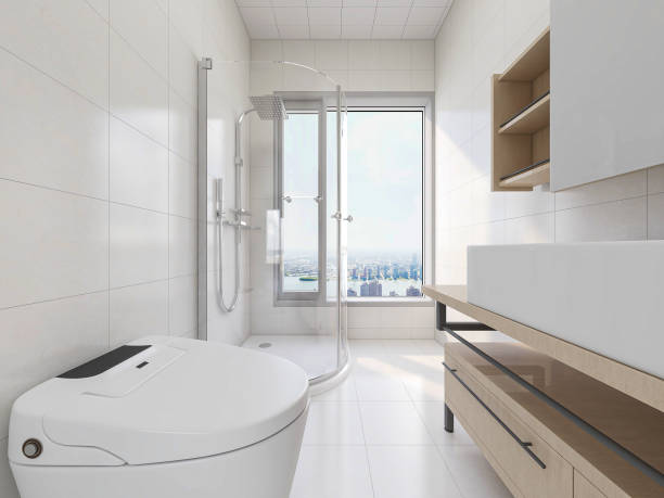 istock 3D rendering,Clean modern residential bathroom and toilet design, which is equipped with washstand, toilet and shower equipment, etc. 1214044014