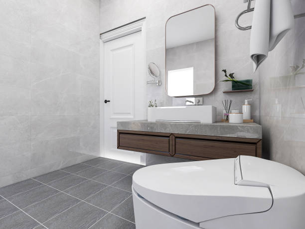 istock 3D rendering,Clean modern residential bathroom and toilet design, which is equipped with washstand, toilet and shower equipment, etc. 1214044032