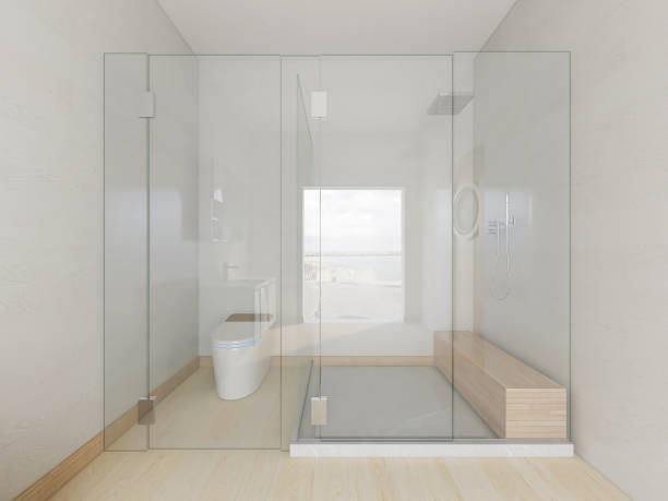 istock 3D rendering,Clean modern residential bathroom and toilet design, which is equipped with washstand, toilet and shower equipment, etc. 1214046866
